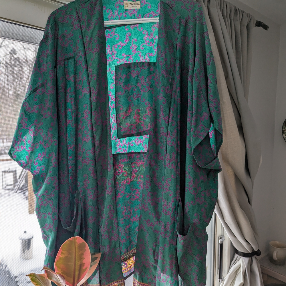 Paisley Kimono Robe - Green and Pink